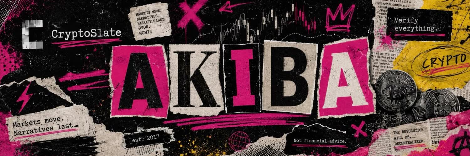 Akiba in torn-paper lettering, with pink ink, newspaper fragments, and Bitcoin imagery.